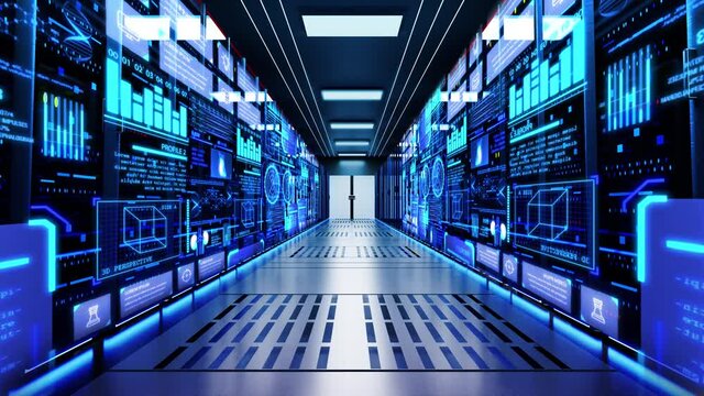 3D Data center room servers and glowing led indicators, network Big data, machine learning background. exchanging cyber datas connections. data storage and mining. Network routers of ISP.