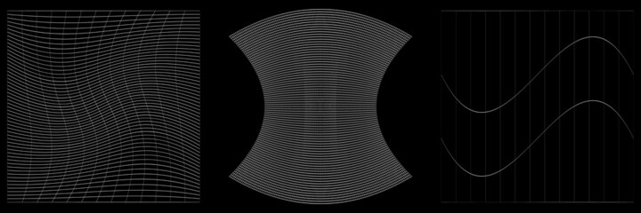 Set of deformed, distorted grids, meshes. Flex, camber, deformity effect on lattice, grating, trellis elements