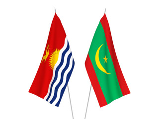 National fabric flags of Republic of Kiribati and Islamic Republic of Mauritania isolated on white background. 3d rendering illustration.