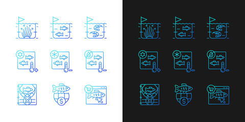 Fish product farming and storing gradient icons set for dark and light mode. Sterilization. Thin line contour symbols bundle. Isolated vector outline illustrations collection on black and white