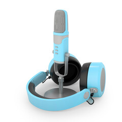 Headphones and microphone. Blue color plastic and steel materials. 3D rendering.