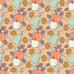 Vector autumn fruits apples and pears seamless pattern.