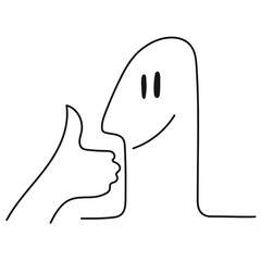 vector line art illustration of a contented cartoon man with a smile on his face, who raises his thumb up on his left hand. isolated on white background. useful for graphic and web design, advertising