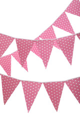 Rows of triangular bunting flags on white background. Festive decor