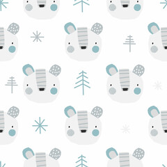 Vector seamless colored Christmas New Year winter pattern with cute bear, snowflakes on a white background. Children's holiday print with bear. Kids texture for fabric, cards, wrapping paper.