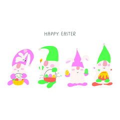 Fototapeta premium Happy Easter. Four funny gnomes. Vector illustration on white background. 