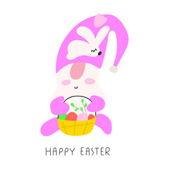 Pink gnome with basket of eggs. Happy Easter. Vector illustration on white background. 