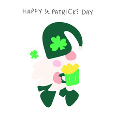 Funny gnome with mug of beer. Saint Patrick's day. Hand drawn vector illustration on white background. 