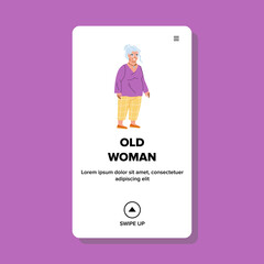 Old Woman Pensioner Walking In Park Outdoor Vector. Smiling Old Woman Resting Outside Or In Nursing House. Character Elderly Retirement Lady Enjoyment Web Flat Cartoon Illustration