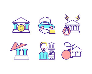 Various banking services RGB color icons set. Life, vehicle, real estate, health coverage. Financial management. Isolated vector illustrations. Simple filled line drawings collection