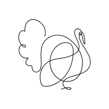 Turkey In Continuous Line Art Drawing Style. Turkey Bird Strutting Minimalist Black Linear Design Isolated On White Background. Vector Illustration