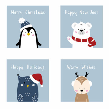 Set Postcards New Year And Christmas. Poster Cute Animals. Penguin, Polar Bear And Owl. Reindeer.