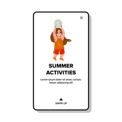 Girl Kid Summer Activities On Playground Vector. Child Playing Volleyball With Friend, Summer Activities And Sport Time. Character Playing Sportive Game With Ball Web Flat Cartoon Illustration