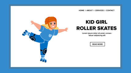 Child Girl Riding Roller Skates In Park Vector. Schoolgirl Kid Wearing Helmet And Knee Pads Protective Equipment Ride Roller Skates Outdoor. Character Sportive Activity Web Flat Cartoon Illustration