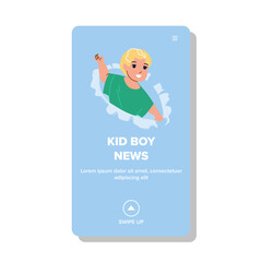 Surprised Child Boy Talking Fresh News Vector. Schoolboy Kid Jumping From Paper Hole Talk School News And Secret For Friend. Character Pupil Offspring Web Flat Cartoon Illustration