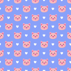 Seamless pattern with cute cartoon pigs and hearts isolated on blue background