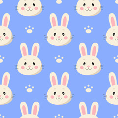 Seamless pattern with cute cartoon rabbits and paws isolated on blue background