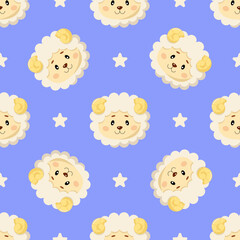 Seamless pattern with cute cartoon sheeps and stars isolated on blue background
