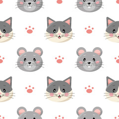 Seamless pattern with cute cartoon cats and mice and paws isolated on white background