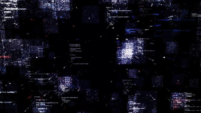 Digital program codes moving asymmetrically on a dark screen. Animation. Visualization of the neural network consuming information and learning, seamless loop.