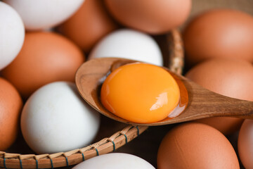 Chicken eggs and duck eggs collect from farm products natural in a basket healthy eating concept,...