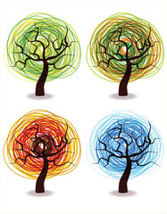 Color vector illustration of set of four seasons trees isolated on white background.