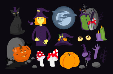 Halloween set witch, cat, moon in the clouds, pumpkins, tombstone, branches, purple and green ritual candles, bottles of poison or potion, toadstools, fly agarics in cartoon style.