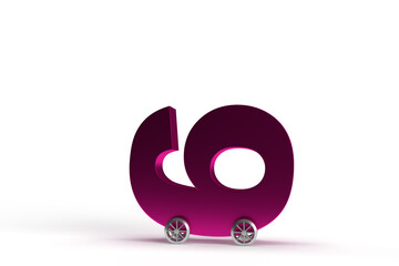 The number 9 on wheels in horizontal as a car in purple on an isolated background.