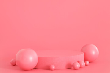 Pink podium on the pink background. Podium for product, cosmetic presentation. Creative mock up....