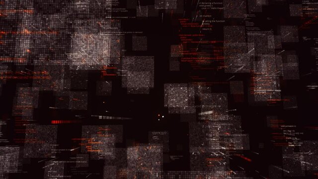 Technology data binary code network conveying connectivity, complexity and data flood of modern digital age. Animation. Digital information blocks in 3D virtual space.