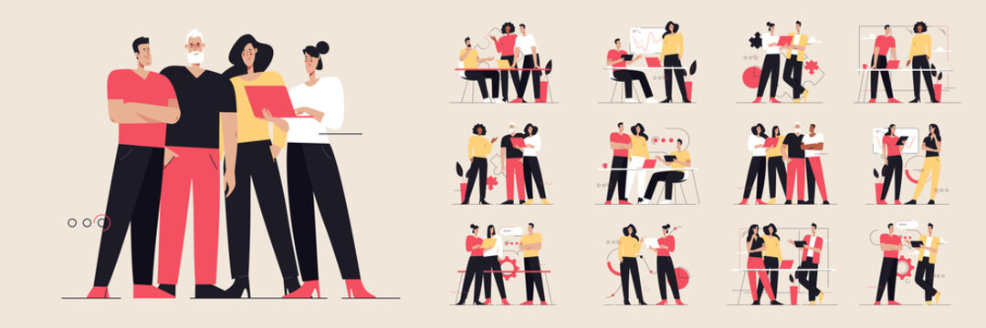Collection of flat style vector illustrations depicting business people teamwork. Editable stroke