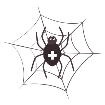 Cute small Spider sitting on a cobwebs. Smiling Spider with spider web in cartoon style, Halloween symbol. Halloween concept. Illustration isolated on white background.  Good for web and print