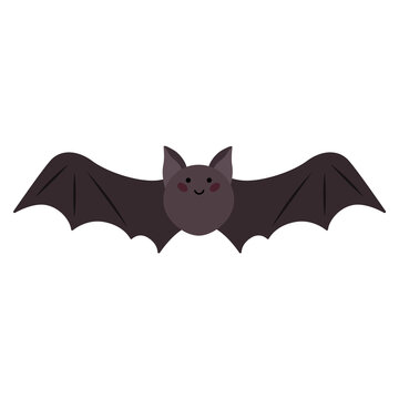 Flying bat in cartoon style. Cute smiling bat, Halloween symbol. Halloween concept. Illustration isolated on white background.  Good for web and print