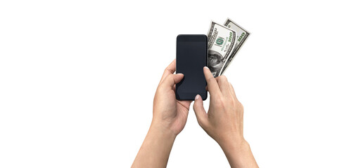 Blank screen of Mobile phone with hand holding phone isolated on white background. of free space for your copy, Clipping path.