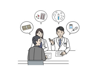 科学者　研究員　医者　ビジネス　資金　相談　話し合い　製薬　研究　イラスト素材