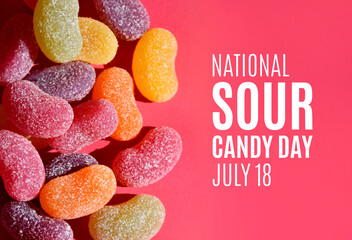National Sour Candy Day stock images. Sour jelly sweets on a pink background stock photo. Sour Candy Day Poster, July 18. Important day