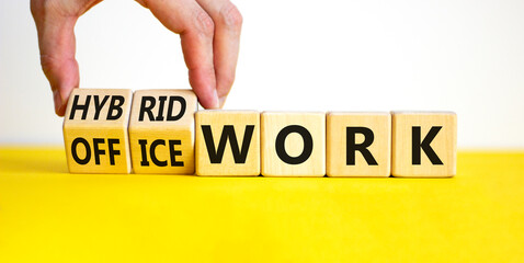 Hybrid or office work symbol. Businessman turns cubes and changes words 'office work' to 'hybrid work'. Beautiful white background. Business, hybrid or office working concept, copy space.