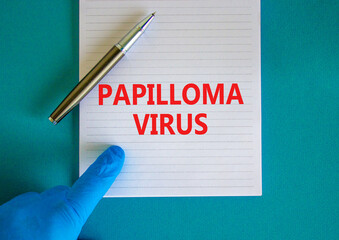 Papilloma virus symbol. White note with words Papilloma virus, beautiful blue background, doctor...