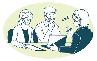 マスクを付けて商談する若い夫婦とスーツの女性のイラスト