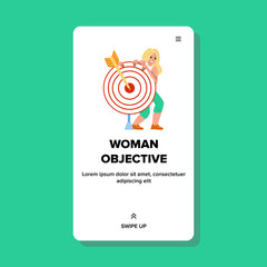 Woman Business Objective And Strategy Plan Vector. Young Businesswoman Objective And Success Goal Achievement, Lady Standing Near Aim Target With Arrow. Character Web Flat Cartoon Illustration