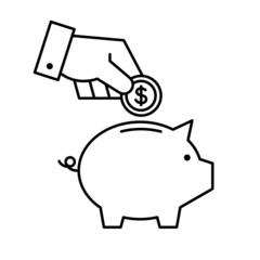 Hand putting dollar coin into piggy bank, Saving money and invest finance concept, Money management business, Linear design, Vector illustration