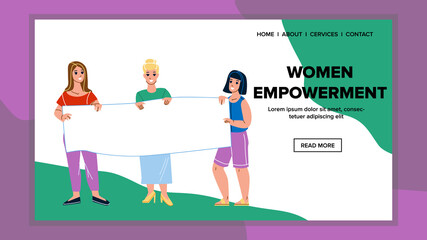 Women Empowerment Meeting Demonstration Vector. Young Girls Protestors With Blank Banner On Woman Empowerment And Freedom Revolution. Characters Feminism Web Flat Cartoon Illustration