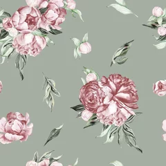 Poster Watercolor dusty pink floral seamless pattern for fabric. Watercolor peonies pattern on gray repeat floral background for apparel, nursery, wallpaper, wrapping paper, home decor © Olga