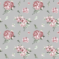 Watercolor dusty pink floral seamless pattern for fabric. Watercolor peonies pattern on gray repeat floral background for apparel, nursery, wallpaper, wrapping paper, home decor