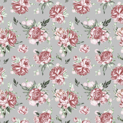 Watercolor dusty pink floral seamless pattern for fabric. Watercolor peonies pattern on gray repeat floral background for apparel, nursery, wallpaper, wrapping paper, home decor