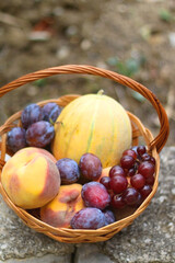 Vintage basket filled with various fruit. Selective focus.