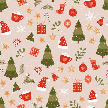 Cute hand drawn Christmas seamless pattern, lovely doodles, festive background - great for textiles, banners, wallpapers, wrapping - vector design