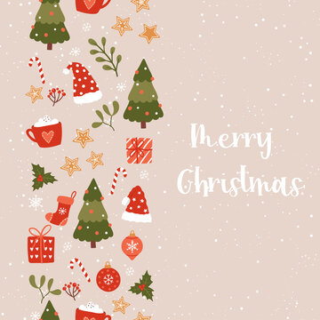 Cute hand drawn Christmas seamless border, lovely doodles, festive background - great for textiles, banners, wallpapers, wrapping - vector design