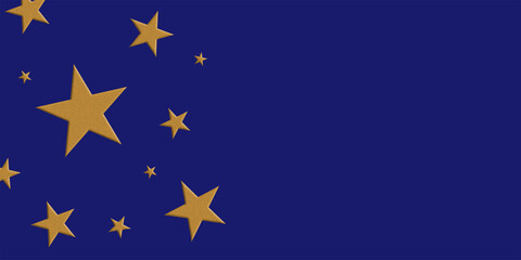 Golden stars on a blue background. Panoramic view. 3D rendering