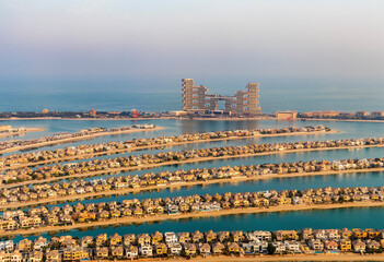 Dubai, UAE - 09.24.2021 Man made island, Palm Jumeirah and Royal Atlantis hotel. Urban